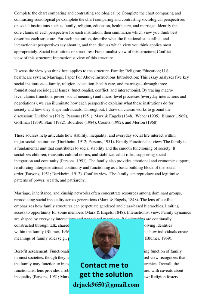 Complete the chart comparing and contrasting sociological perspectives on social institutions such as family, religion, education, health care, and marriage. Id