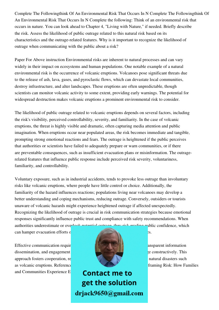 Complete the following: Think of an environmental risk that occurs in nature. You can look ahead to Chapter 4, "Living with Nature," if needed. Briefly describe