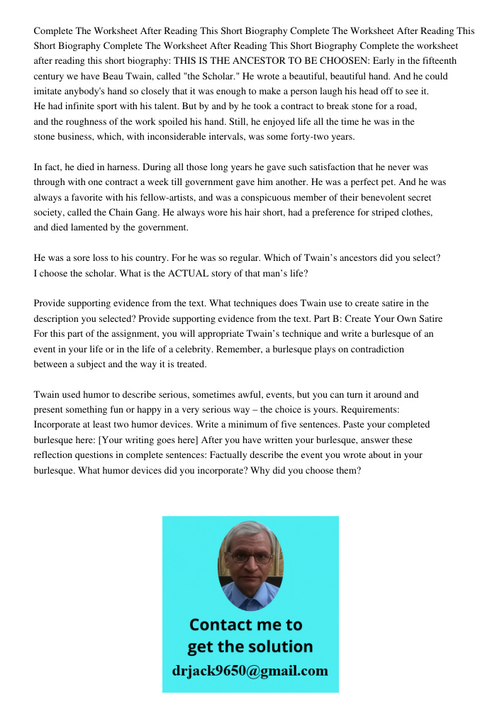 Complete The Worksheet After Reading This Short Biography Complete the worksheet after reading this short biography: THIS IS THE ANCESTOR TO BE CHOOSEN: Early i