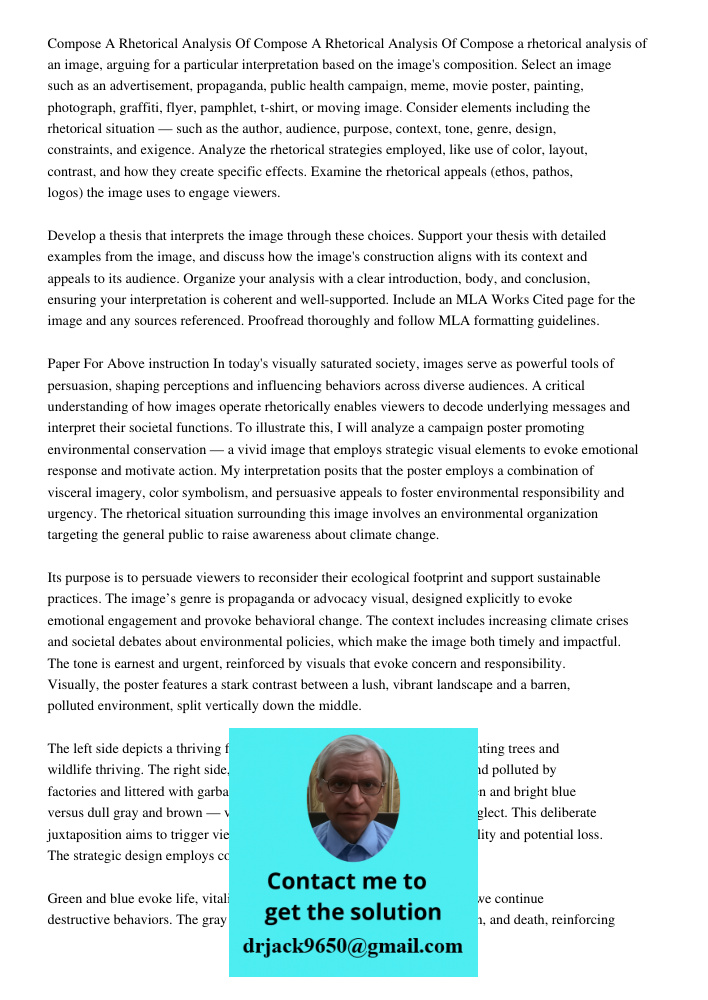 Compose a rhetorical analysis of an image, arguing for a particular interpretation based on the image's composition. Select an image such as an advertisement, p