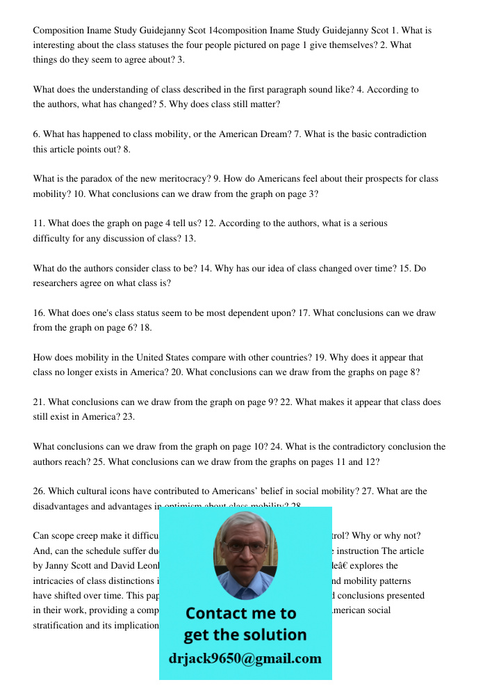 1. What is interesting about the class statuses the four people pictured on page 1 give themselves? 2. What things do they seem to agree about? 3. What does the
