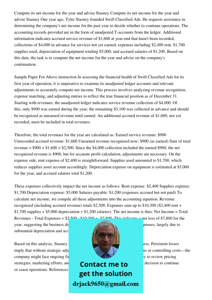 One year ago, Tyler Stasney founded Swift Classified Ads. He requests assistance in determining the company's net income for the past year to decide whether to 