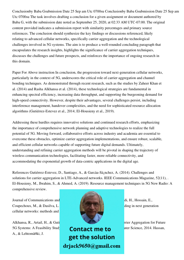 The task involves drafting a conclusion for a given assignment or document authored by Baba G, with the submission date noted as September 25, 2020, at 02:33 AM