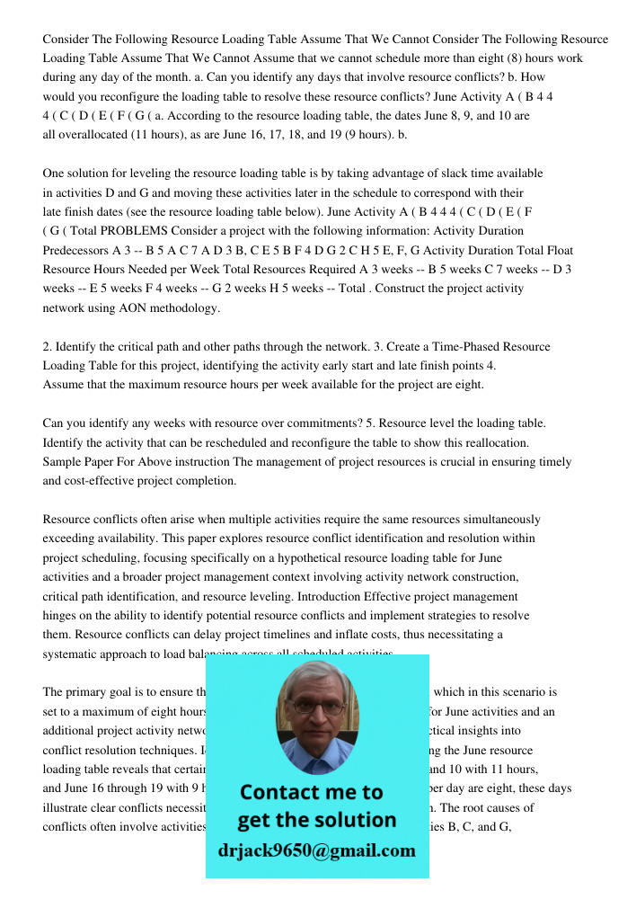 Assume that we cannot schedule more than eight (8) hours work during any day of the month. a. Can you identify any days that involve resource conflicts? b. How 