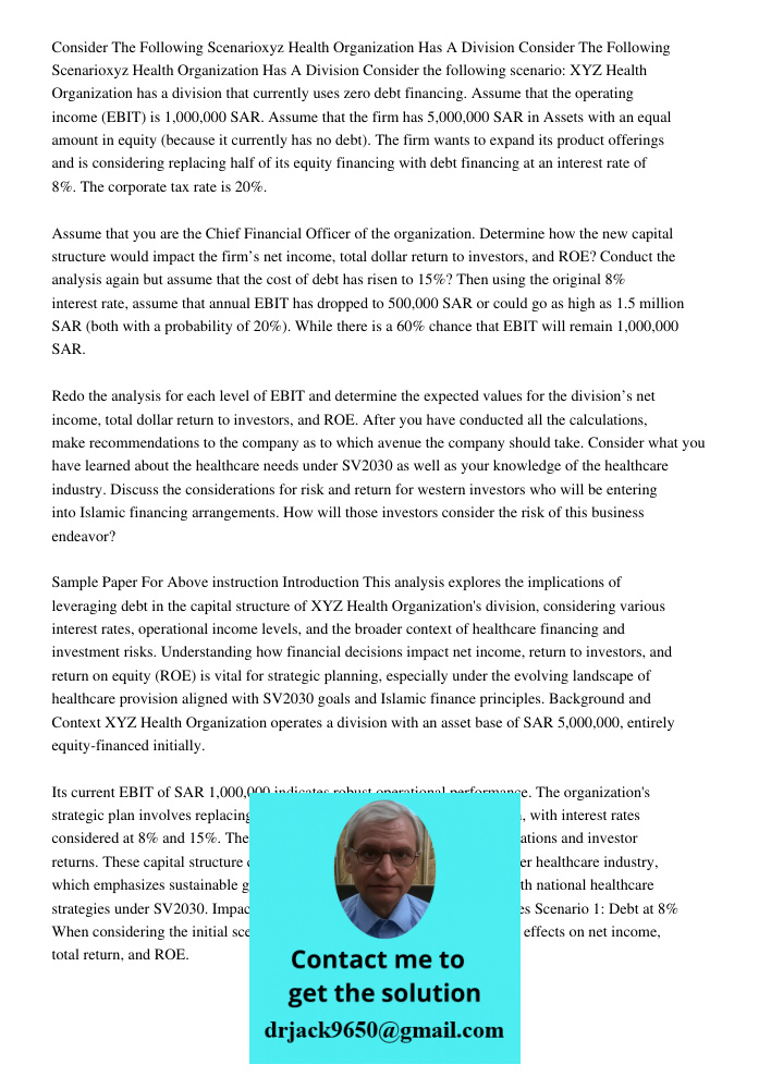 Consider the following scenario: XYZ Health Organization has a division that currently uses zero debt financing. Assume that the operating income (EBIT) is 1,00