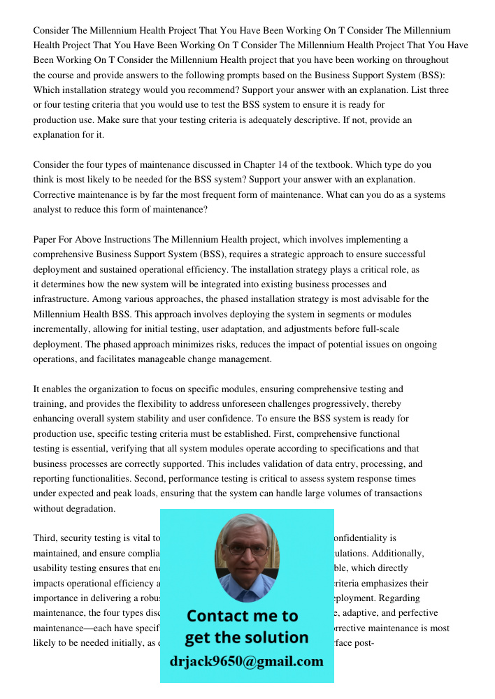 Consider The Millennium Health Project That You Have Been Working On T Consider the Millennium Health project that you have been working on throughout the cours