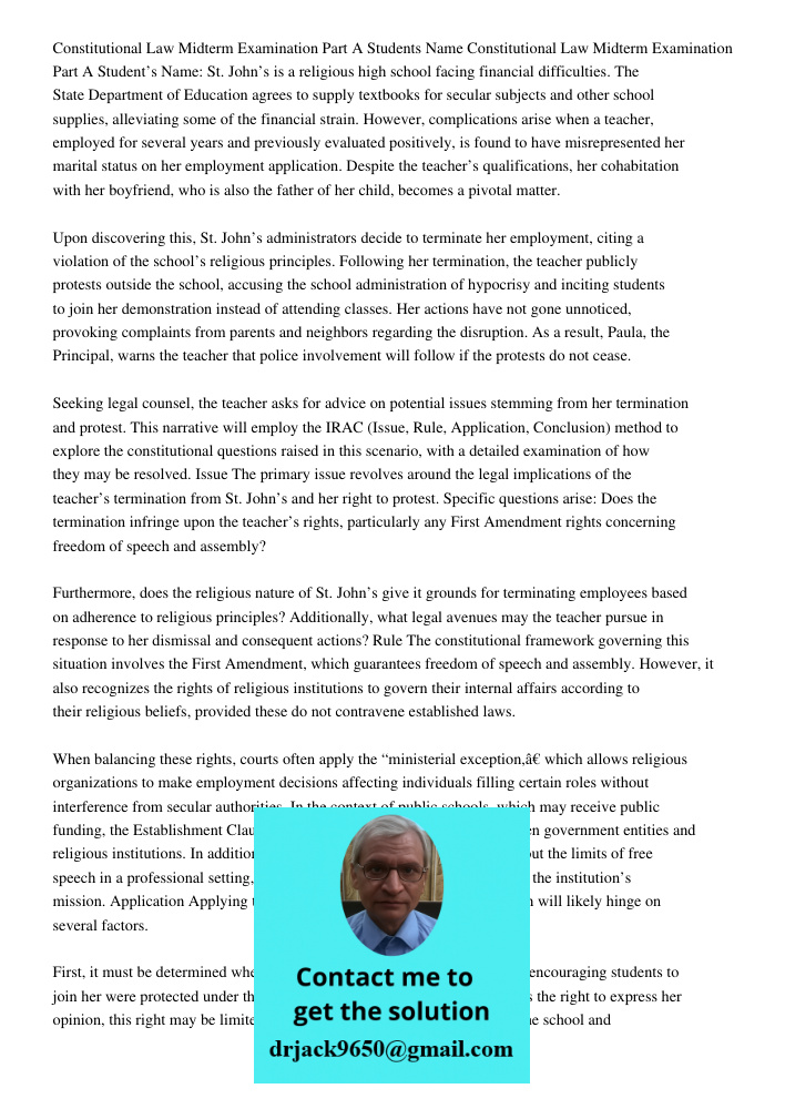 St. John’s is a religious high school facing financial difficulties. The State Department of Education agrees to supply textbooks for secular subjects and other