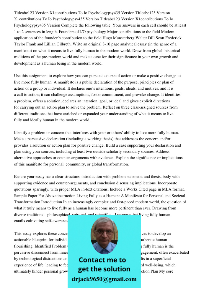Titleabc123 Version X1contributions To Io Psychologypsy435 Version Complete the following table. Your answers in each cell should be at least 1 to 2 sentences i