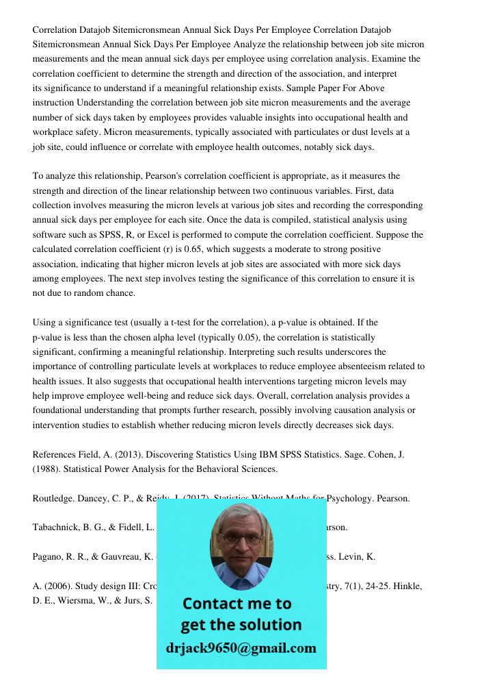 Analyze the relationship between job site micron measurements and the mean annual sick days per employee using correlation analysis. Examine the correlation coe