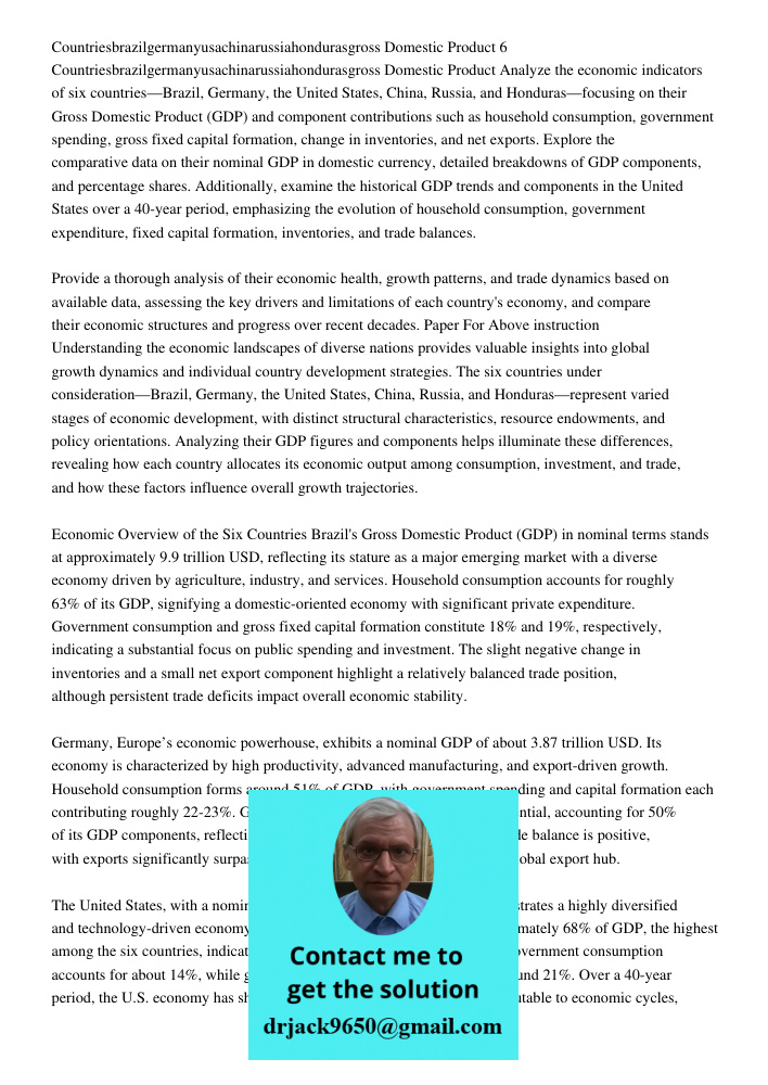 Analyze the economic indicators of six countries—Brazil, Germany, the United States, China, Russia, and Honduras—focusing on their Gross Domestic Product (GDP) 