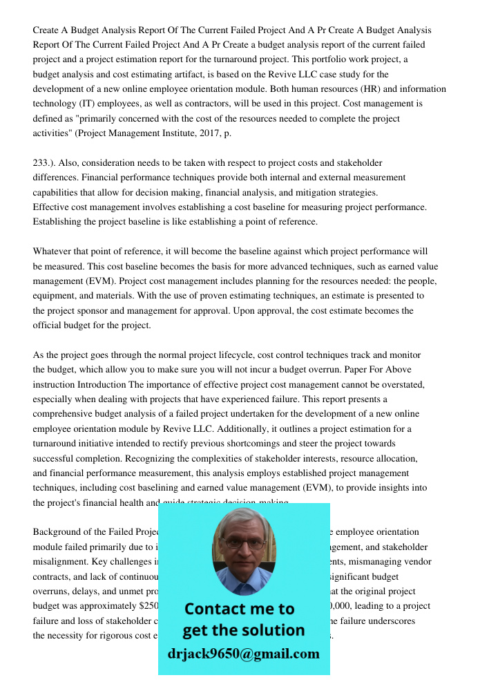 Create a budget analysis report of the current failed project and a project estimation report for the turnaround project. This portfolio work project, a budget 