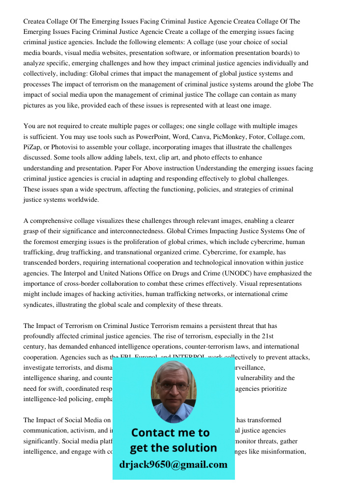 Create a collage of the emerging issues facing criminal justice agencies. Include the following elements: A collage (use your choice of social media boards, vis
