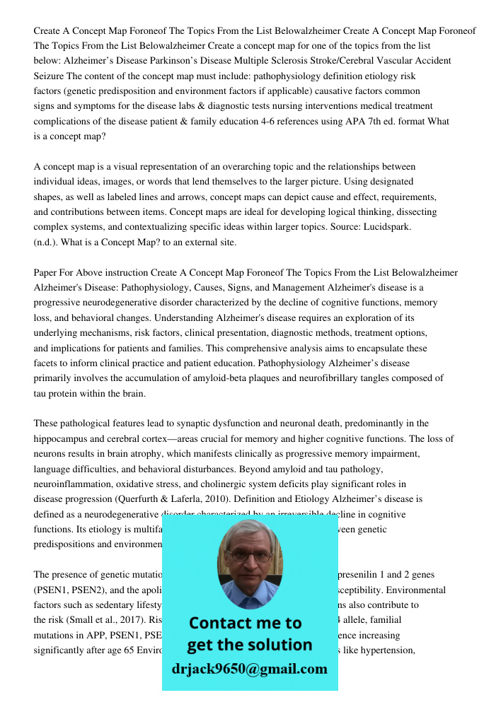 Create a concept map for one of the topics from the list below: Alzheimer’s Disease Parkinson’s Disease Multiple Sclerosis Stroke/Cerebral Vascular Accident Sei