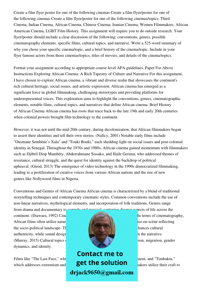 Create a film flyer/poster for one of the following cinemas/topics: Third Cinema, Indian Cinema, African Cinema, Chinese Cinema, Iranian Cinema, Women Filmmaker