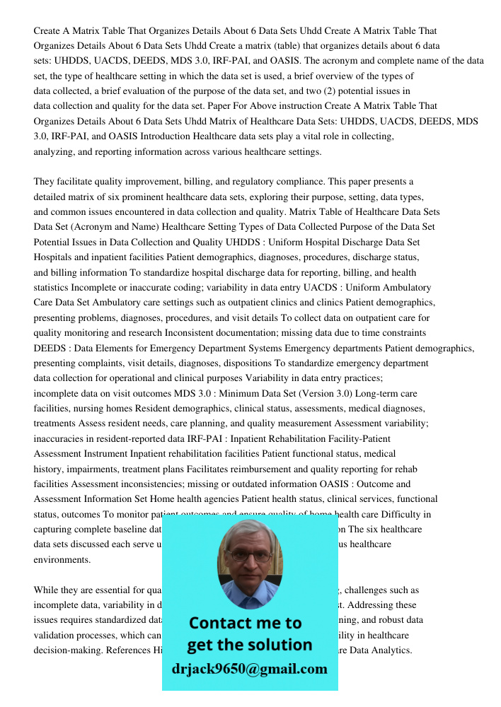 Create a matrix (table) that organizes details about 6 data sets: UHDDS, UACDS, DEEDS, MDS 3.0, IRF-PAI, and OASIS. The acronym and complete name of the data se