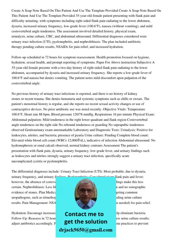 35-year-old female patient presenting with flank pain and difficulty urinating, with symptoms including right-sided flank pain radiating to the lower abdomen, d