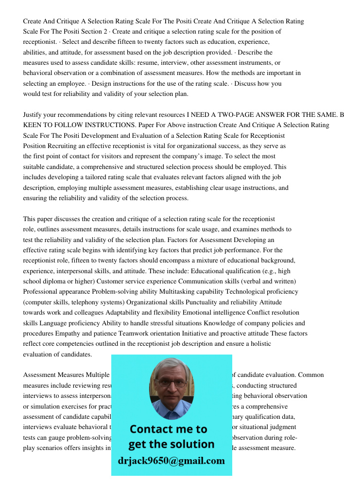 Section 2 · Create and critique a selection rating scale for the position of receptionist. · Select and describe fifteen to twenty factors such as education, ex
