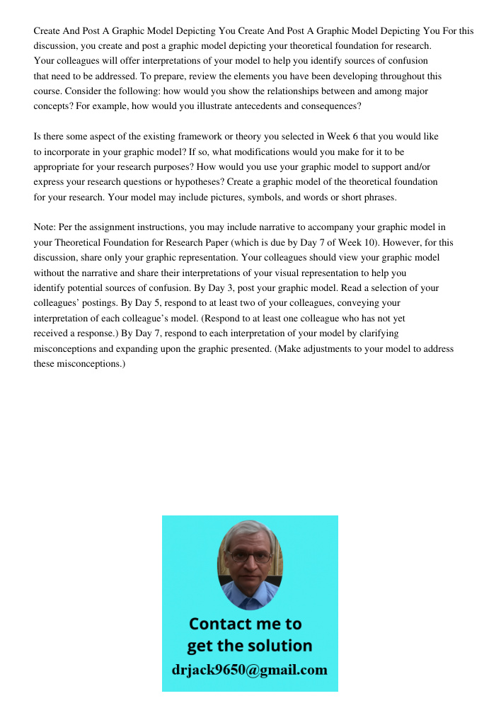 For this discussion, you create and post a graphic model depicting your theoretical foundation for research. Your colleagues will offer interpretations of your 