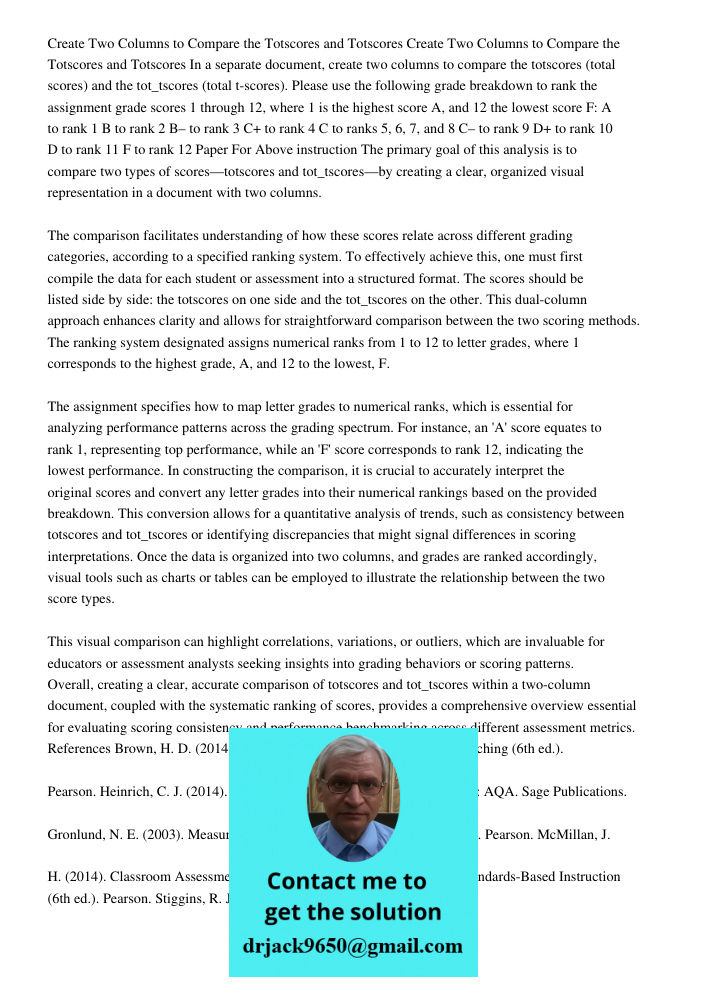 In a separate document, create two columns to compare the totscores (total scores) and the tot_tscores (total t-scores). Please use the following grade breakdow