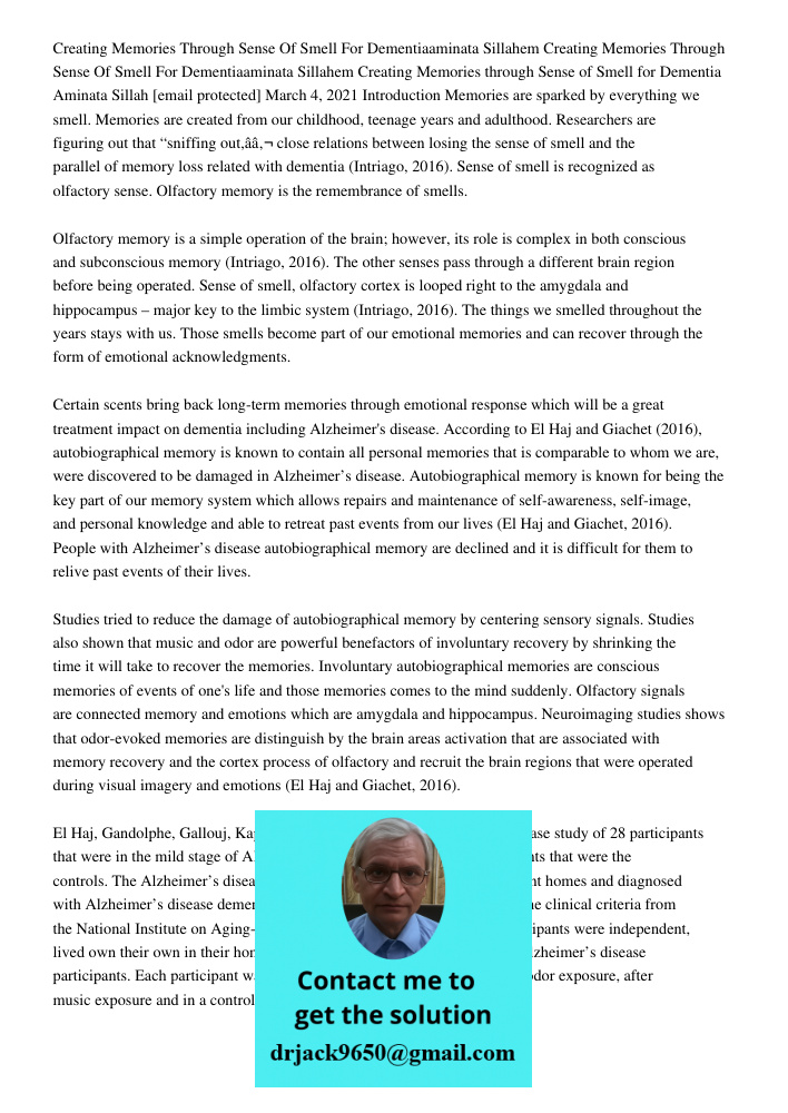 Creating Memories through Sense of Smell for Dementia Aminata Sillah [email protected] March 4, 2021 Introduction Memories are sparked by everything we smell. M