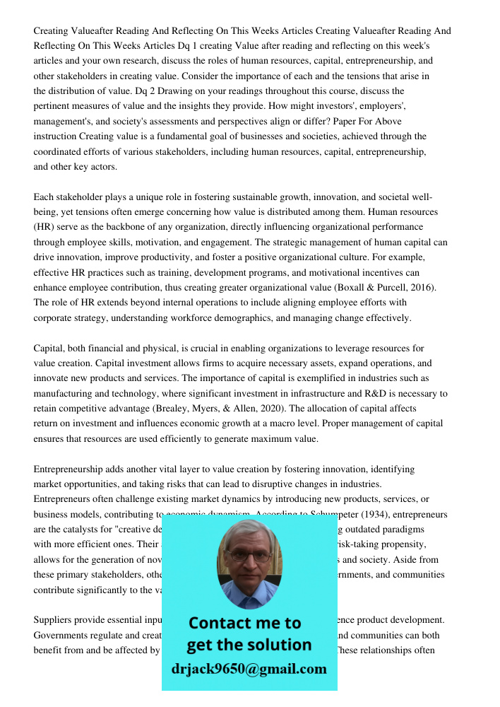 Dq 1 creating Value after reading and reflecting on this week's articles and your own research, discuss the roles of human resources, capital, entrepreneurship,