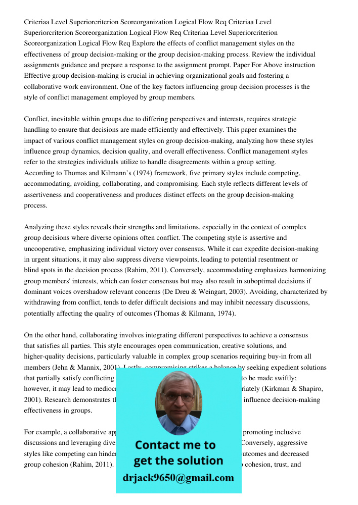 Criteriaa Level Superiorcriterion Scoreorganization Logical Flow Req Explore the effects of conflict management styles on the effectiveness of group decision-ma