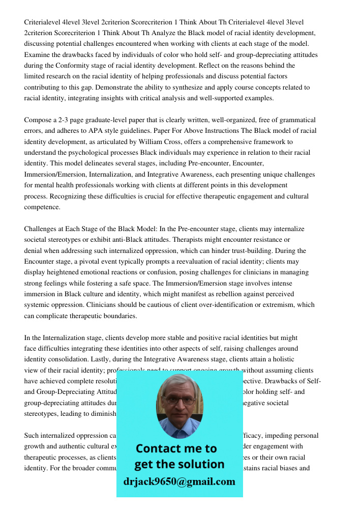 Analyze the Black model of racial identity development, discussing potential challenges encountered when working with clients at each stage of the model. Examin