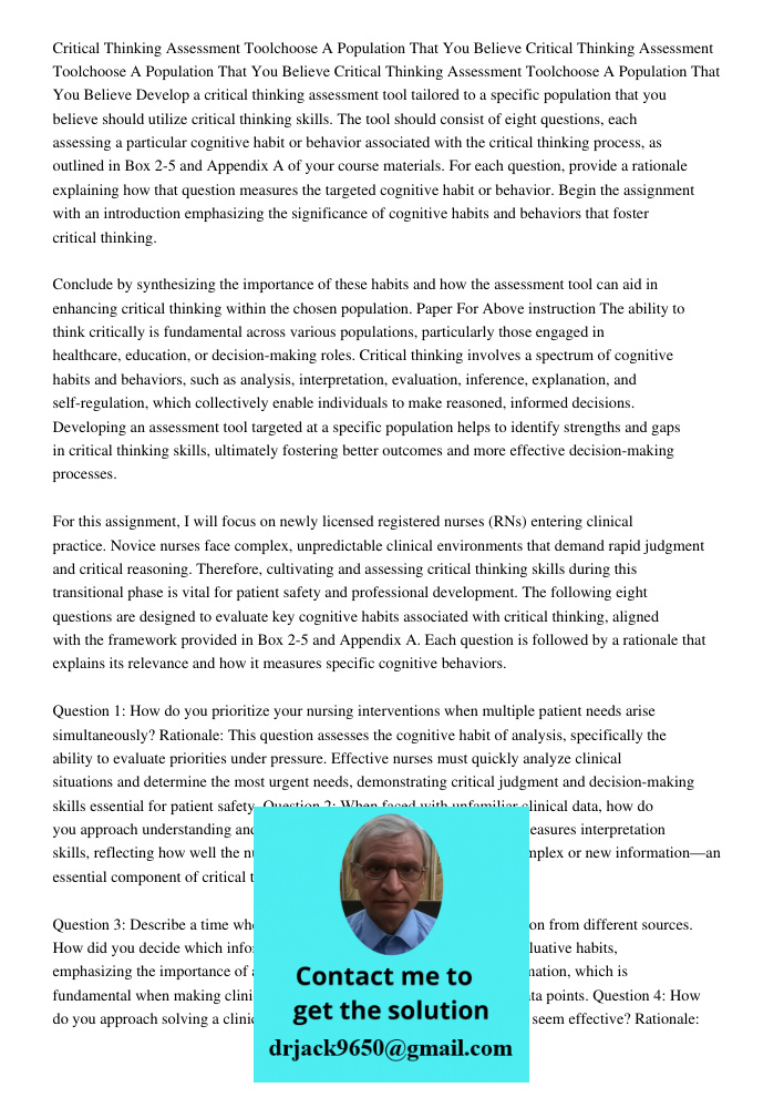 Critical Thinking Assessment Toolchoose A Population That You Believe Develop a critical thinking assessment tool tailored to a specific population that you bel