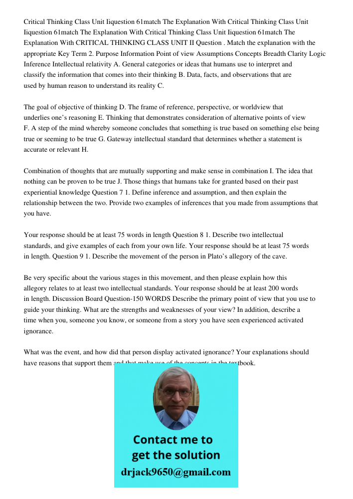 Critical Thinking Class Unit Iiquestion 61match The Explanation With CRITICAL THINKING CLASS UNIT II Question . Match the explanation with the appropriate Key T