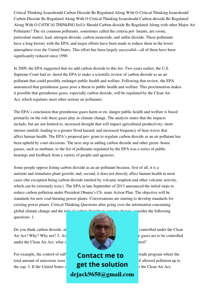 Critical Thinking Issueshould Carbon dioxide Be Regulated Along With O CrITICAl THINkING IssUe Should Carbon dioxide Be Regulated Along with other Major Air Pol
