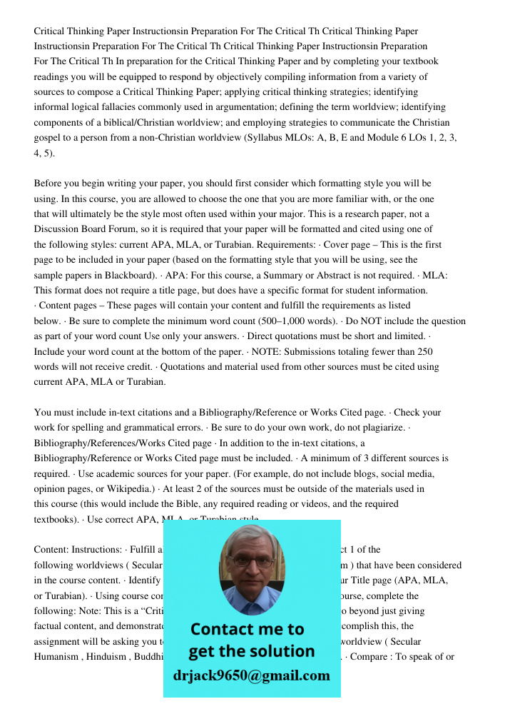 Critical Thinking Paper Instructionsin Preparation For The Critical Th In preparation for the Critical Thinking Paper and by completing your textbook readings y