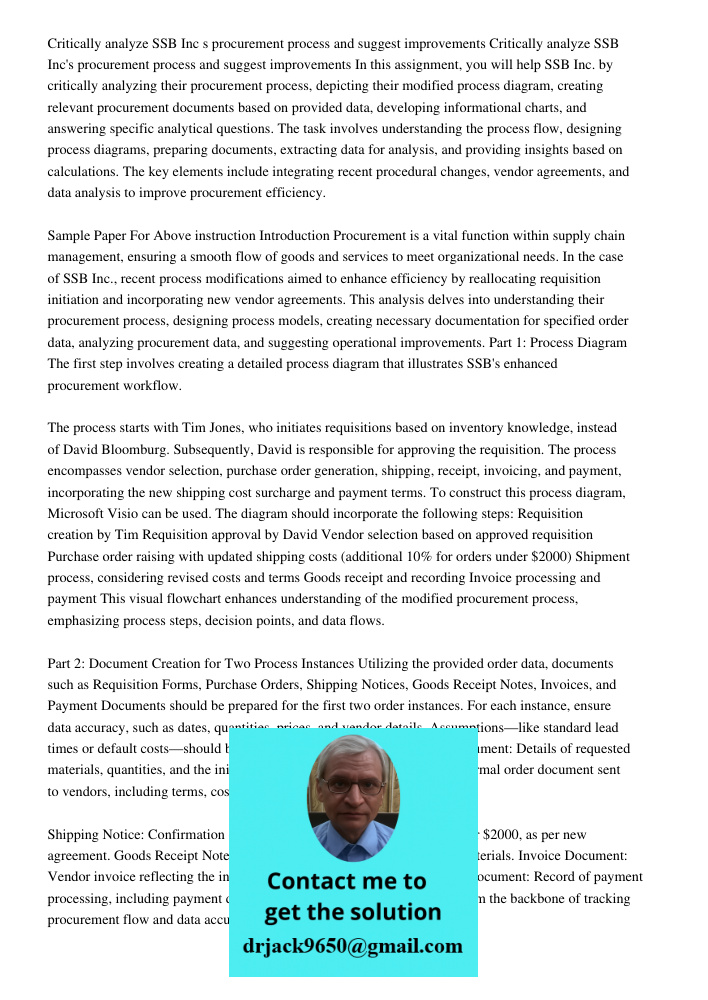 In this assignment, you will help SSB Inc. by critically analyzing their procurement process, depicting their modified process diagram, creating relevant procur