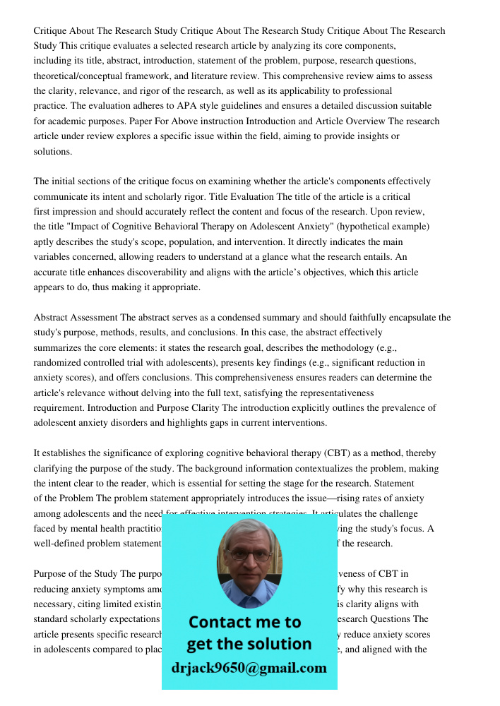 Critique About The Research Study This critique evaluates a selected research article by analyzing its core components, including its title, abstract, introduct