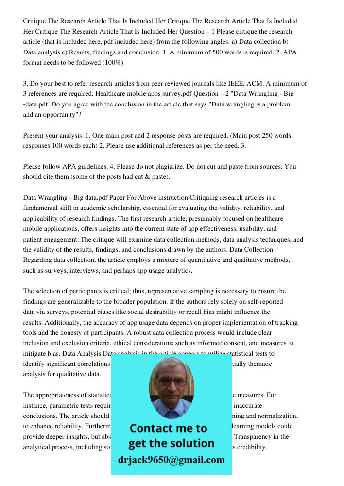 Critique The Research Article That Is Included Her Question – 1 Please critique the research article (that is included here, pdf included here) from the followi