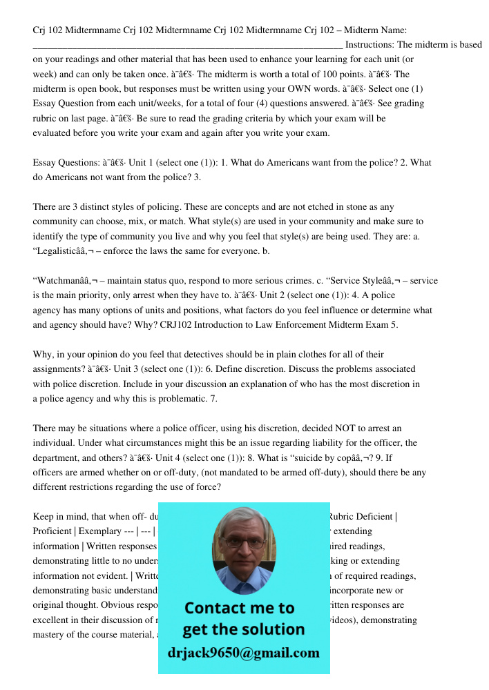 Crj 102 Midtermname Crj 102 – Midterm Name: _______________________________________________________________ Instructions: The midterm is based on your readings 