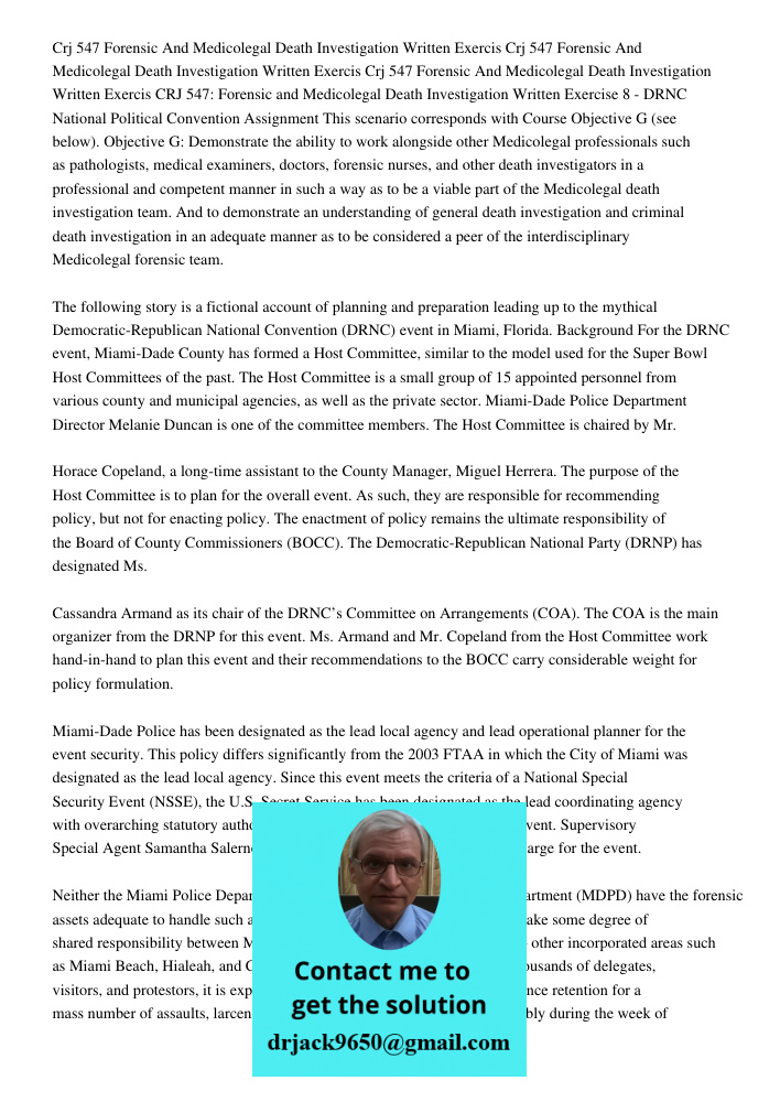 Crj 547 Forensic And Medicolegal Death Investigation Written Exercis CRJ 547: Forensic and Medicolegal Death Investigation Written Exercise 8 - DRNC National Po