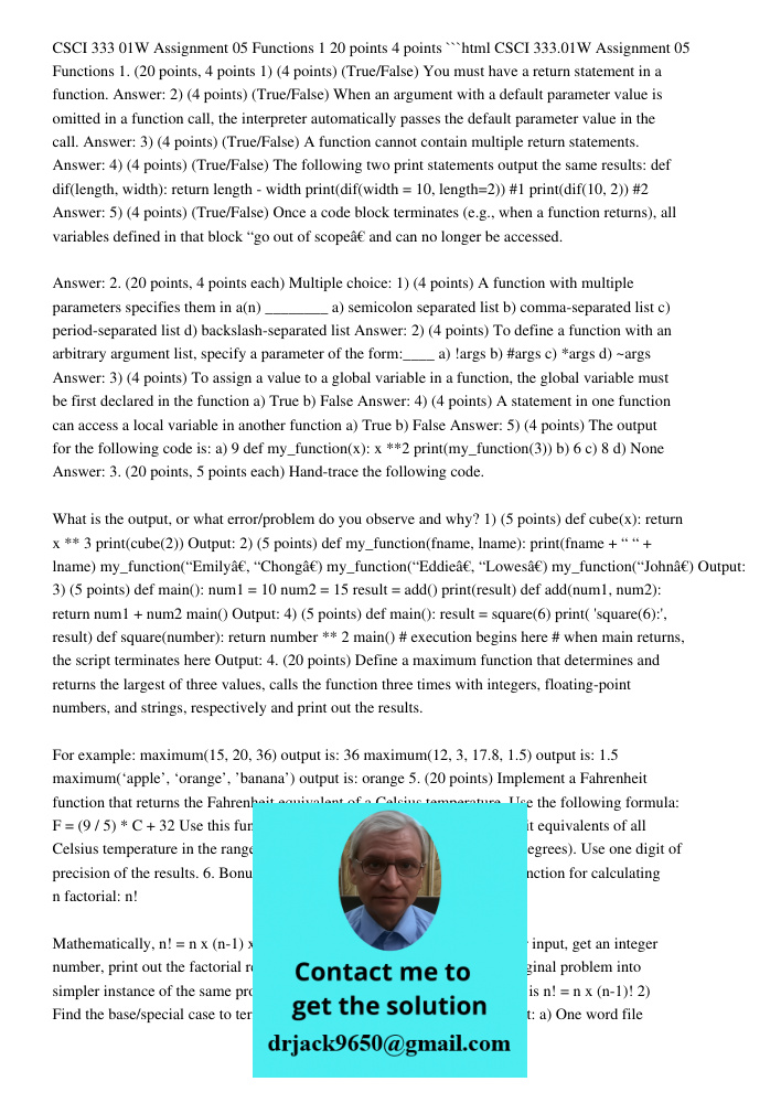 CSCI 333.01W Assignment 05 Functions 1 (20 Points, 4 Points)