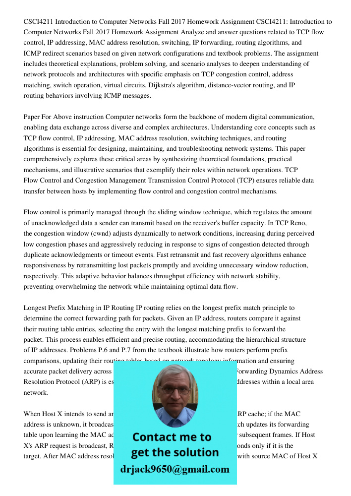 Analyze and answer questions related to TCP flow control, IP addressing, MAC address resolution, switching, IP forwarding, routing algorithms, and ICMP redirect