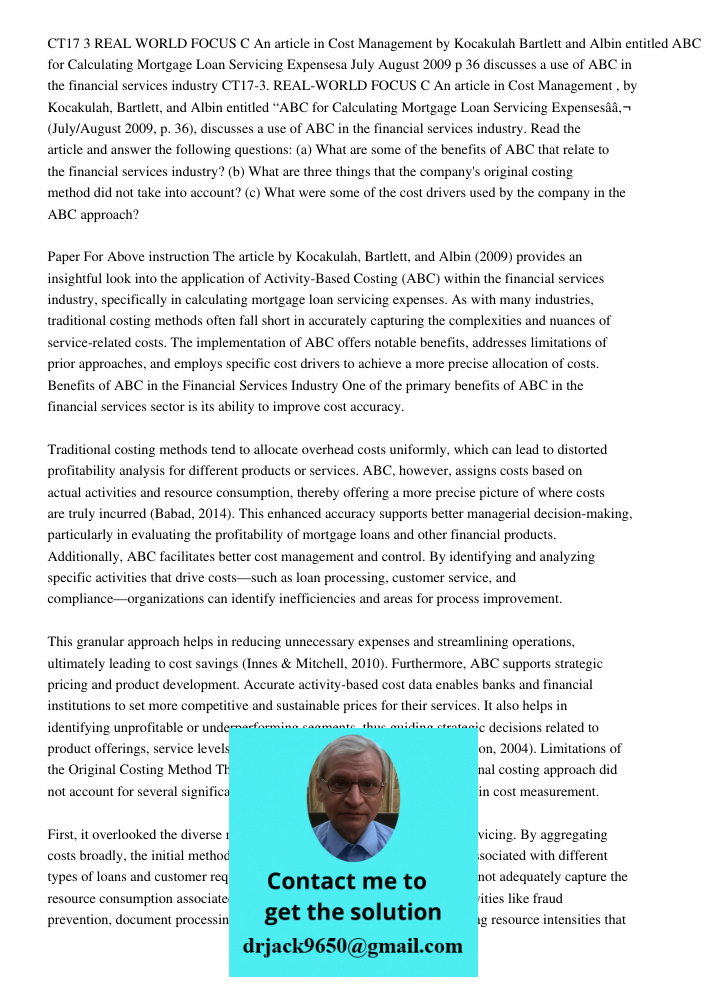 Read the article and answer the following questions: (a) What are some of the benefits of ABC that relate to the financial services industry? (b) What are three