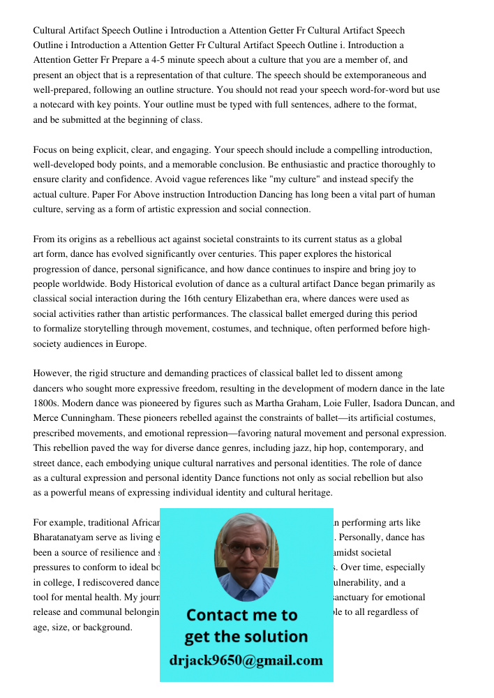 Cultural Artifact Speech Outline i Introduction a Attention Getter Fr Prepare a 4-5 minute speech about a culture that you are a member of, and present an objec