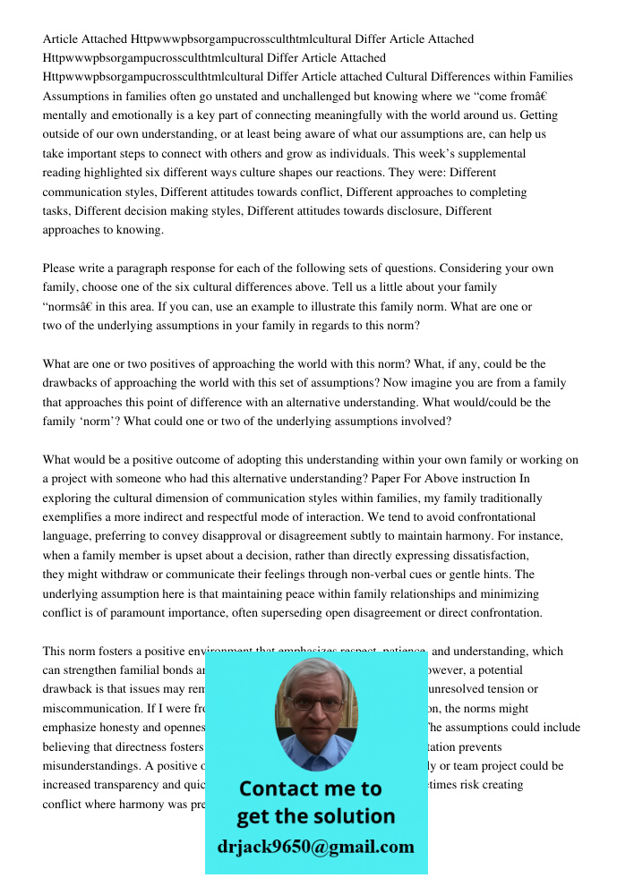 Article Attached Httpwwwpbsorgampucrossculthtmlcultural Differ Article attached Cultural Differences within Families Assumptions in families often go unstated a