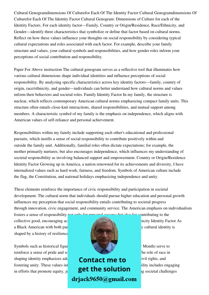Cultural Genogram: Dimensions of Culture for each of the Identity Factors. For each identity factor—Family, Country or Origin/Residence, Race/Ethnicity, and Gen