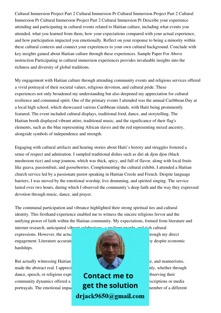 Cultural Immersion Project Part 2 Cultural Immersion Pr Describe your experience attending and participating in cultural events related to Haitian culture, incl