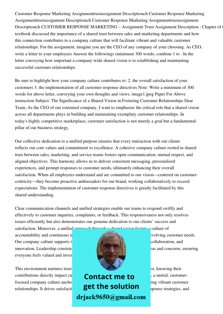 Customer Response Marketing Assignmenttrustassignment Descriptionch CUSTOMER RESPONSE MARKETING – Assignment Trust Assignment Description : Chapter of the textb