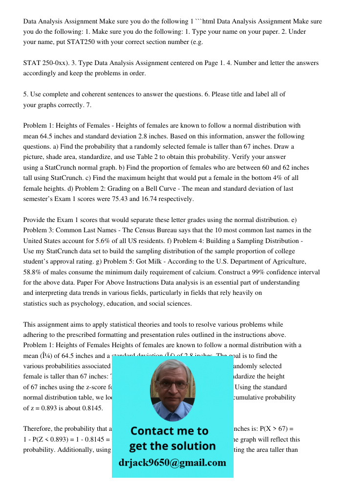 Data Analysis Assignment: Make Sure You Do The Following: 1