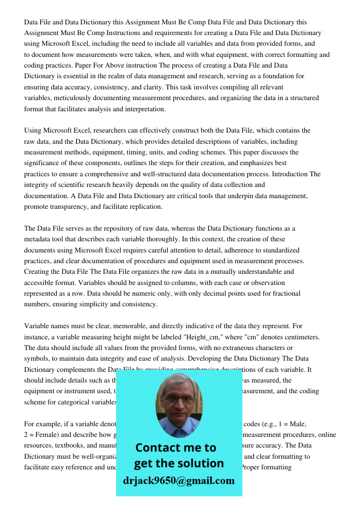 Instructions and requirements for creating a Data File and Data Dictionary using Microsoft Excel, including the need to include all variables and data from prov