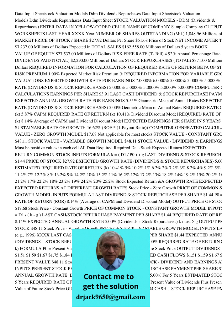 Data Input Sheet STOCK VALUATION MODELS - DDM (Dividends & Repurchases) ENTER DATA IN YELLOW-CODED CELLS NAME OF COMPANY Sample Company OUTPUT IN SUBSEQUENT WOR