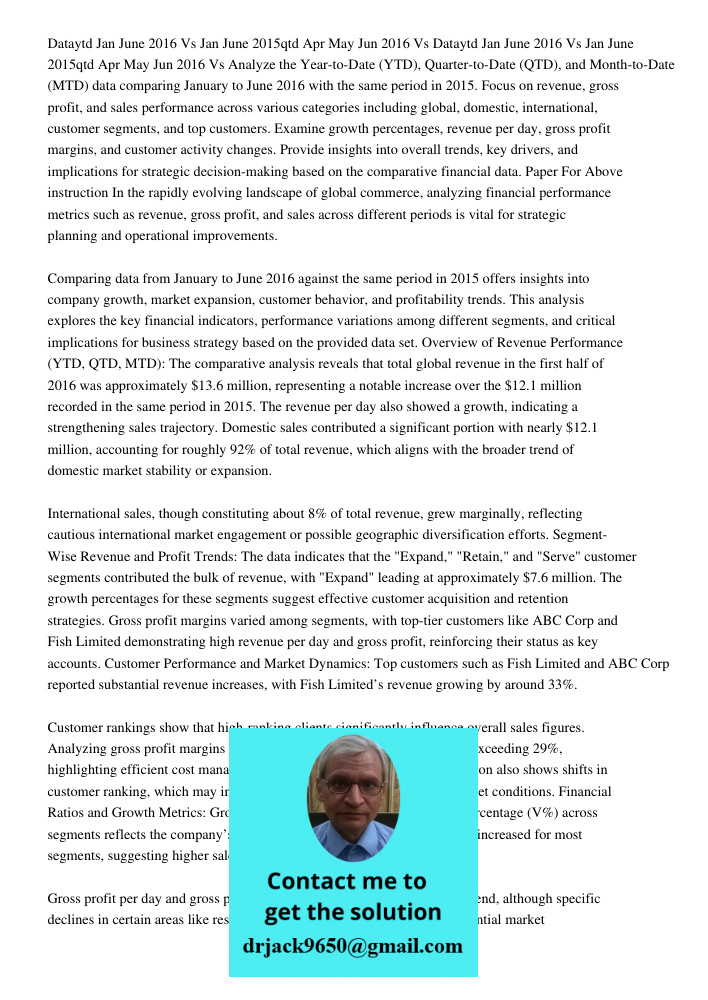 Analyze the Year-to-Date (YTD), Quarter-to-Date (QTD), and Month-to-Date (MTD) data comparing January to June 2016 with the same period in 2015. Focus on revenu
