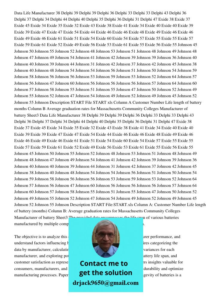 The provided data encompasses the life span of various batteries manufactured by multiple companies, primarily Delphi, Exide, and Johnson. The objective is to a