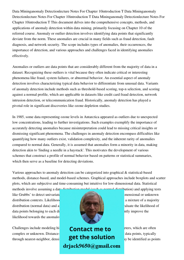 Data Mininganomaly Detectionlecture Notes For Chapter 10introduction T This document delves into the comprehensive concepts, methods, and applications of anomal